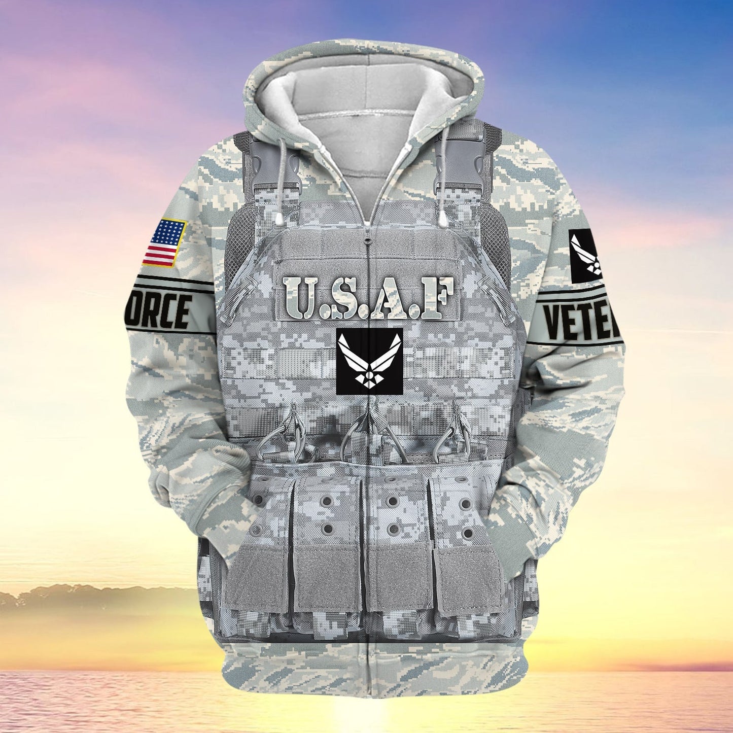 Frenzidea Unique Camo Soldiers Multiservice US Veteran Zip Hoodie