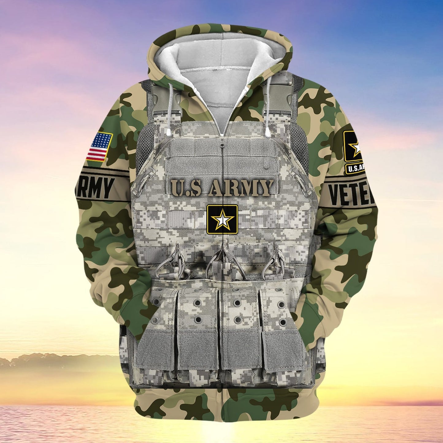 Frenzidea Unique Camo Soldiers Multiservice US Veteran Zip Hoodie