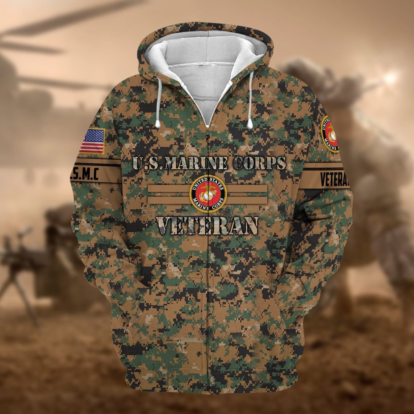 Frenzidea Unique Camo Soldiers US Veteran Zip Hoodie