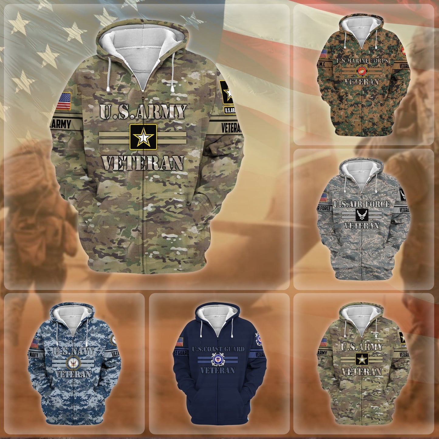 Frenzidea Unique Camo Soldiers US Veteran Zip Hoodie