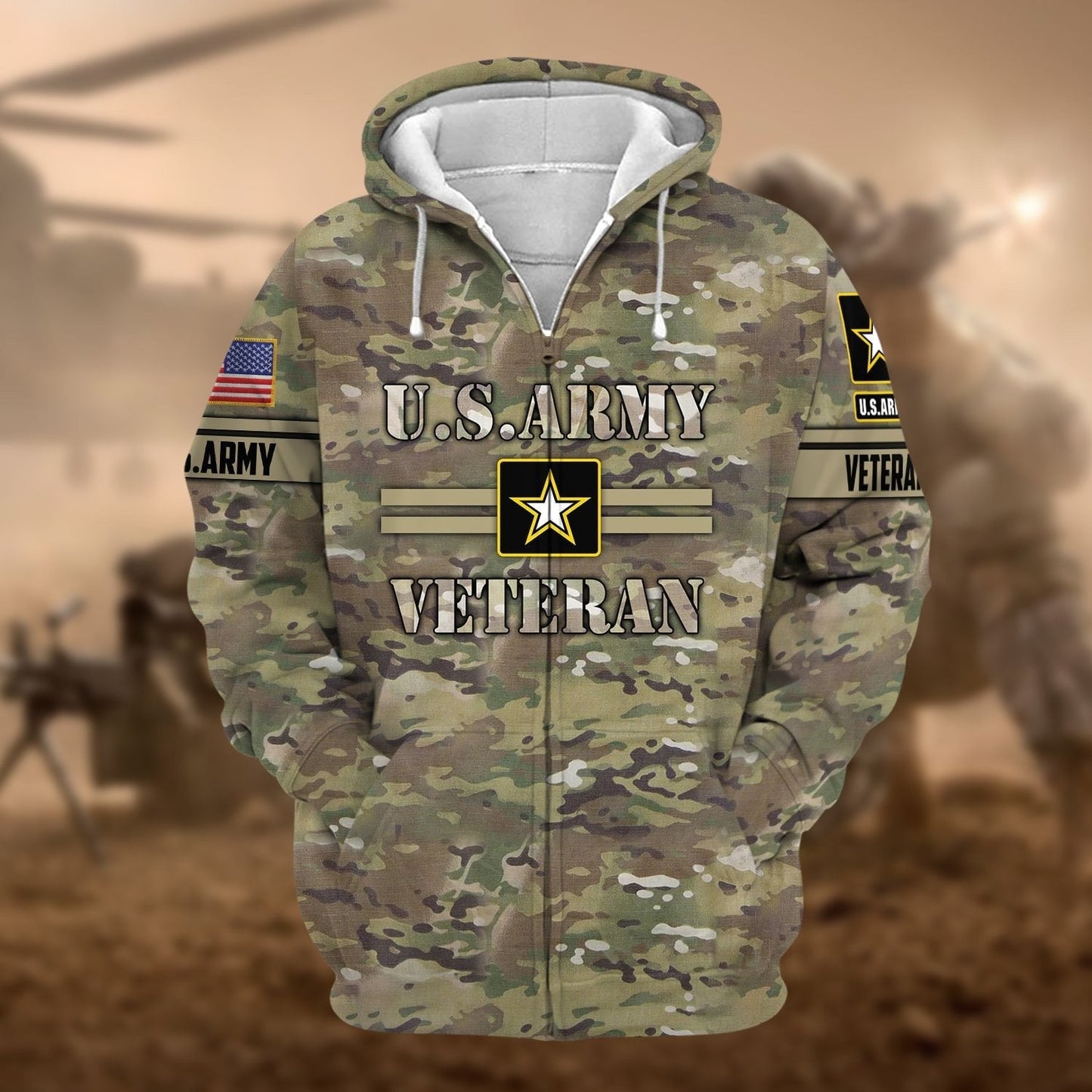 Frenzidea Unique Camo Soldiers US Veteran Zip Hoodie