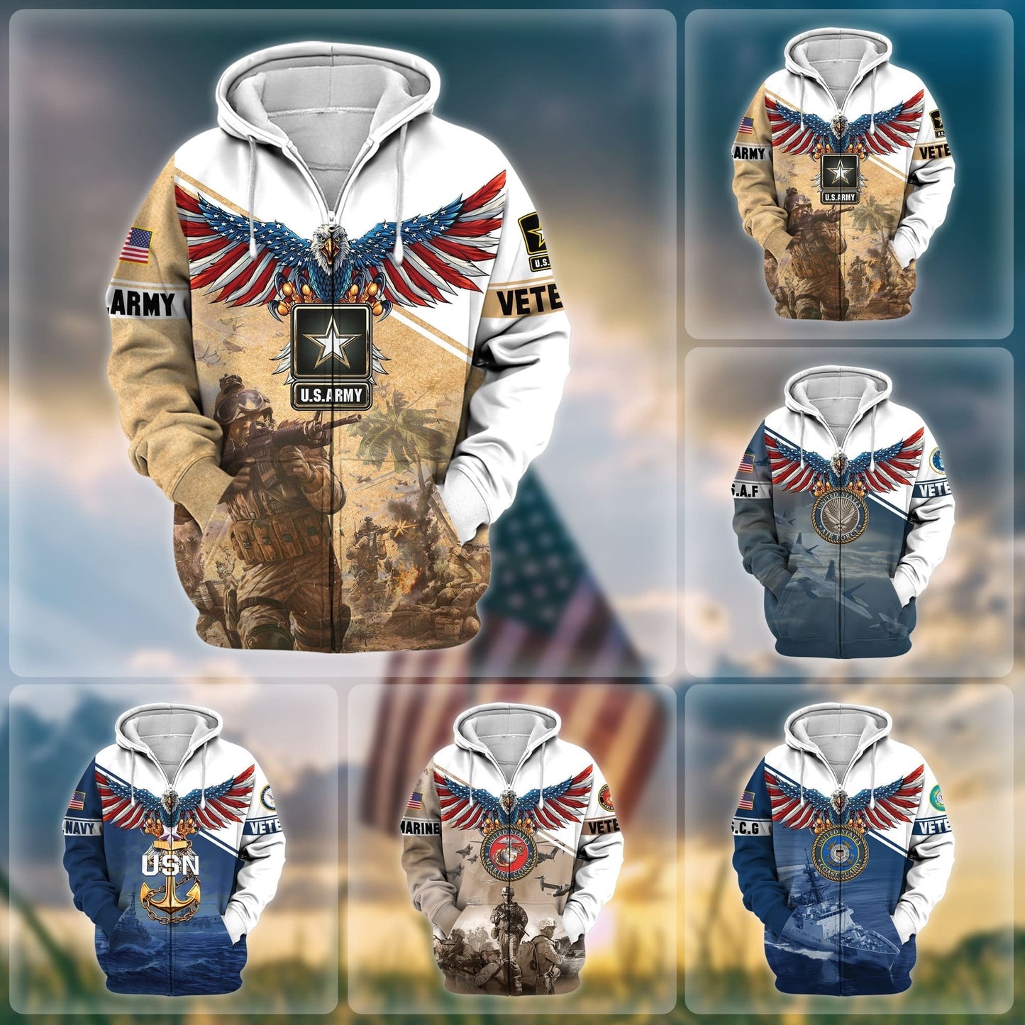 Frenzidea Premium Multiple Services US Veteran Zip Hoodie