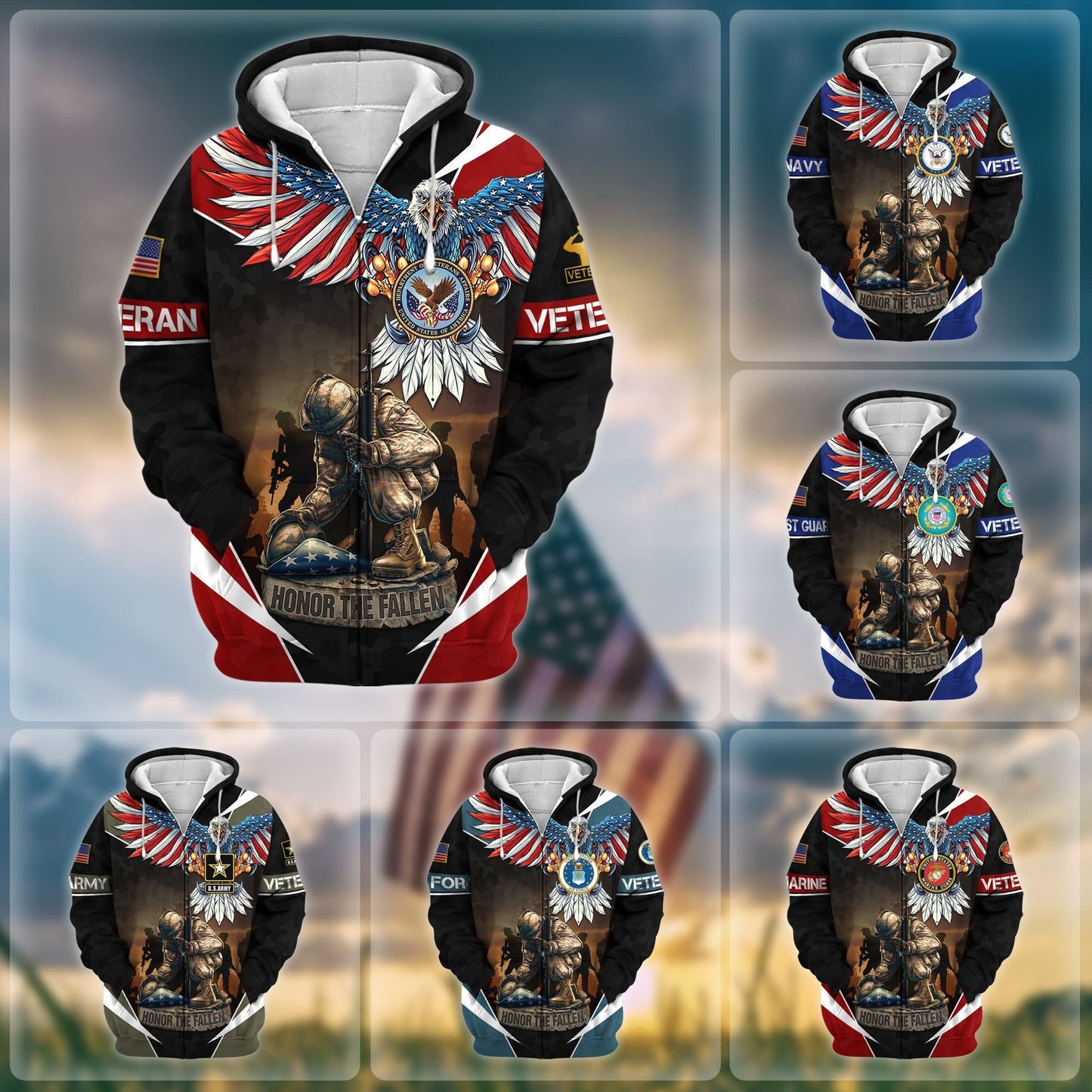 Frenzidea Premium Honor The Fallen US Veteran Zip Hoodie