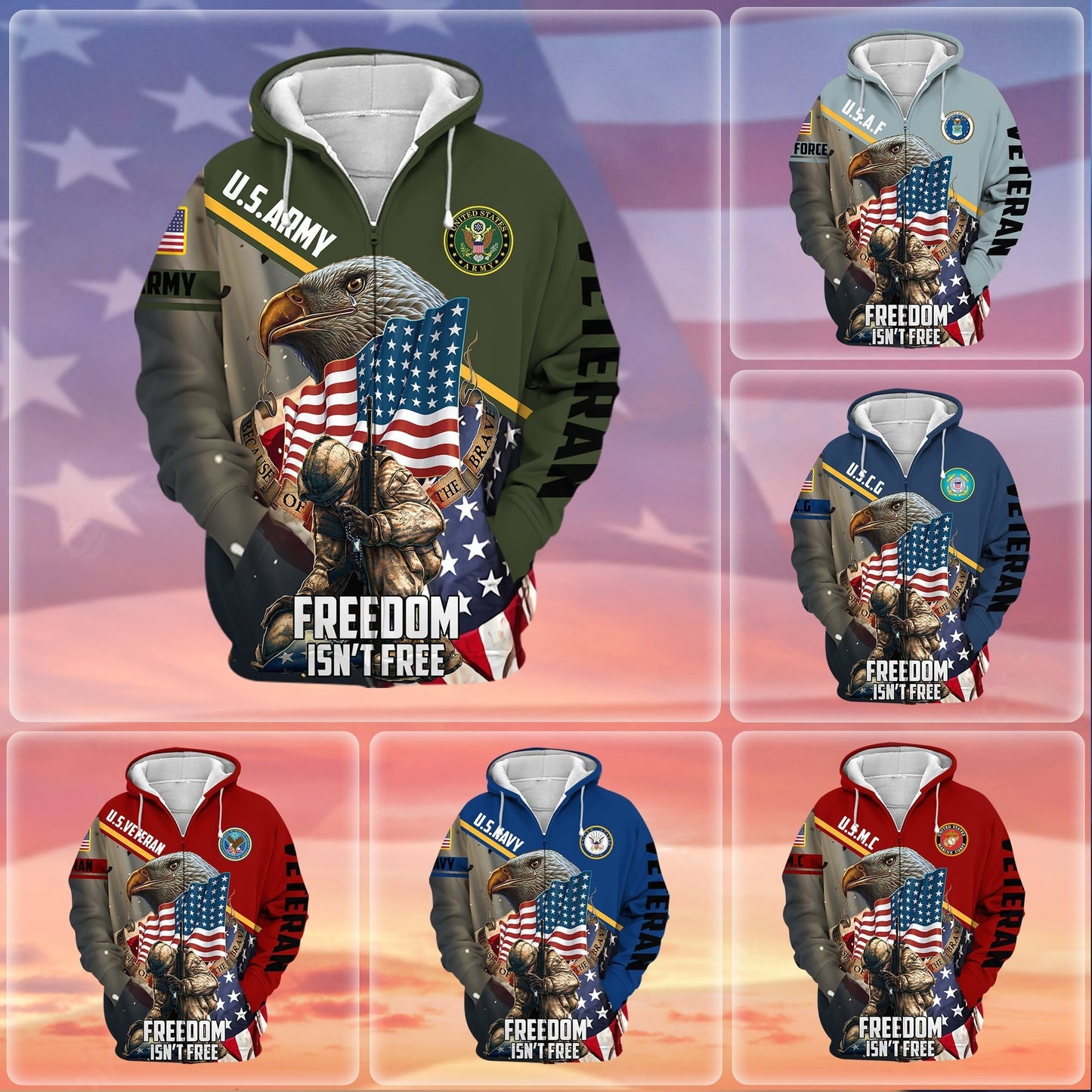 Frenzidea Premium Freedom Is Not Free US Veteran Zip Hoodie
