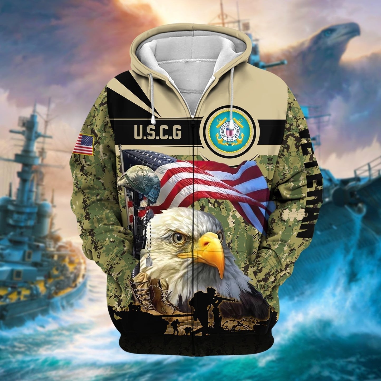 Frenzidea Premium Honoring All Who Served US Veteran Zip Hoodie