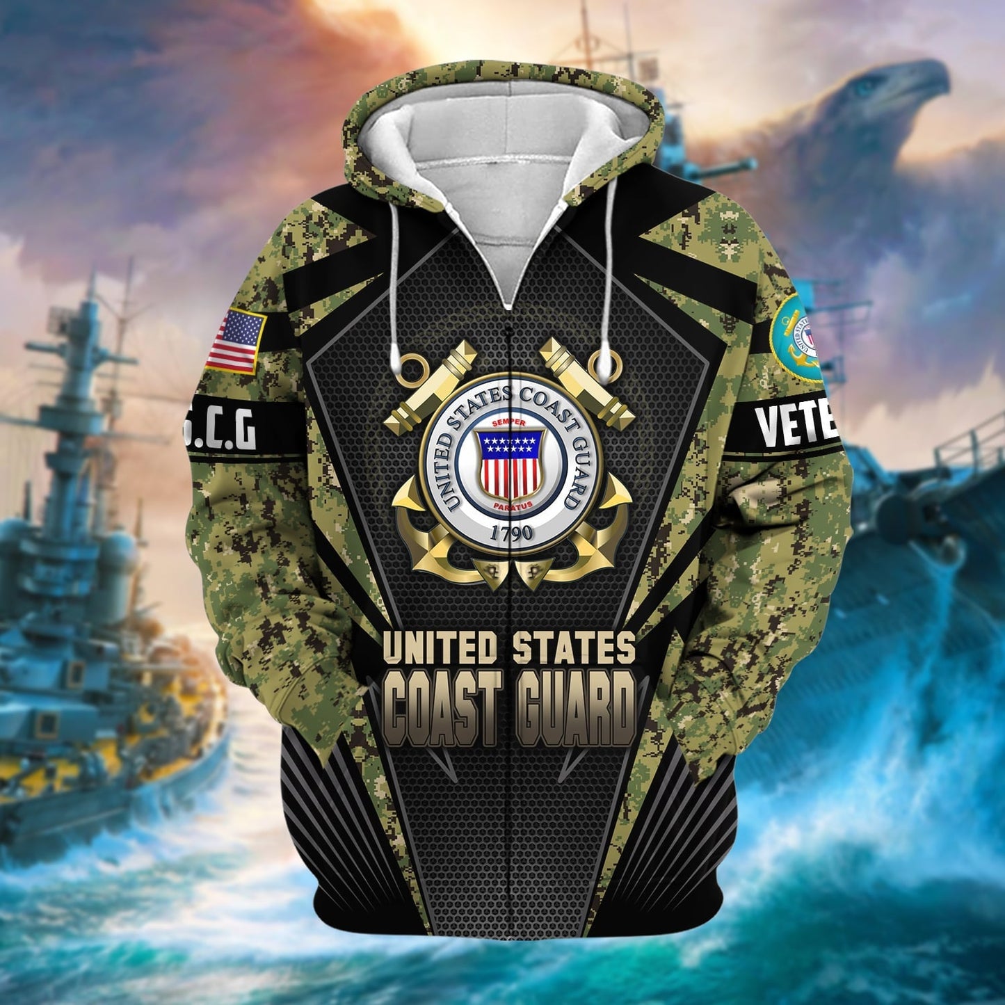 Frenzidea Unique Camo Soldiers US Veteran Zip Hoodie