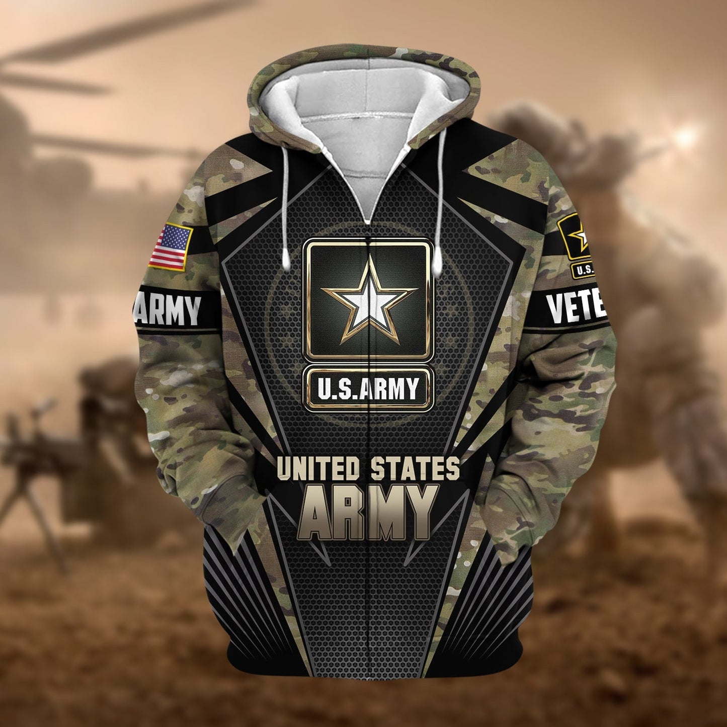 Frenzidea Unique Camo Soldiers US Veteran Zip Hoodie