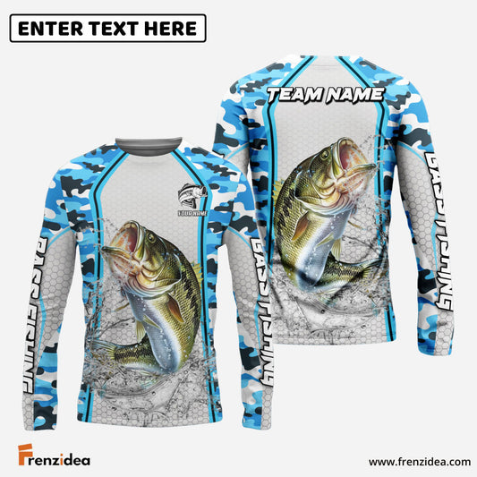 Frenzidea Bass Fishing Light Blue Camo Sport Custom Name & Team Name 3D Shirts