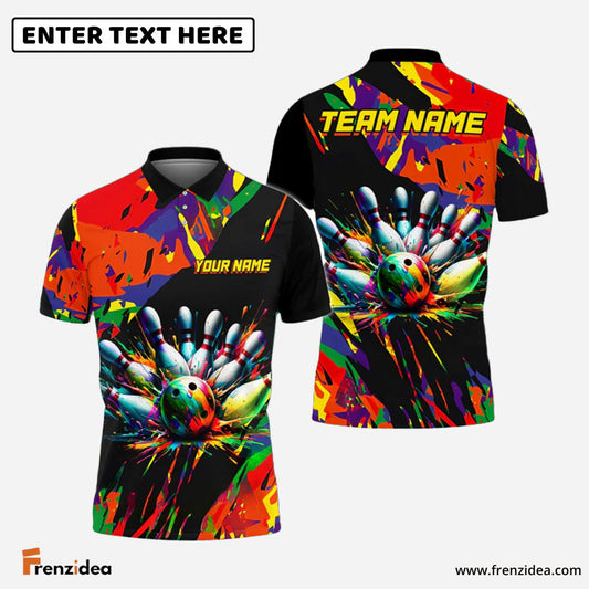 Frenzidea Bowling and Pins Black and Color Ink Customized Name, Team Name 3D Shirt