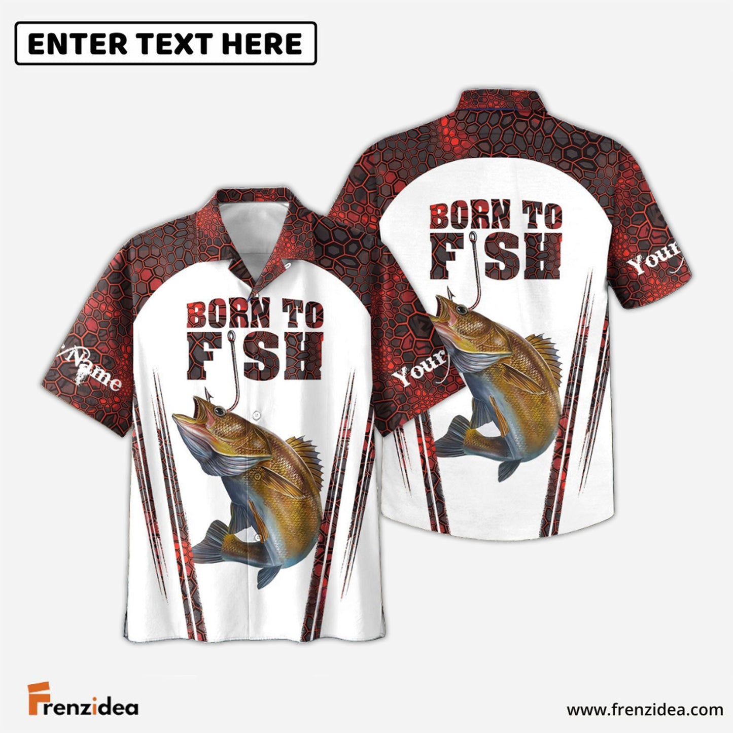 Frenzidea "Born To Fish" Walleye Fishing Red Camo Custom Name 3D Shirt