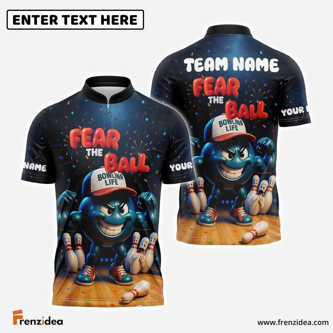 Frenzidea Bowling Fear the Ball Cartoon Power Style Customized Name, Team Name 3D Shirt (4 Colors)