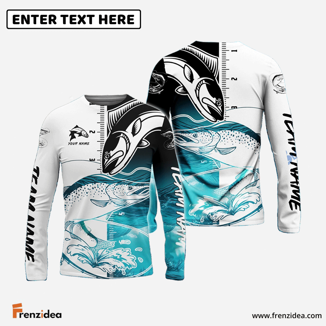 Frenzidea Salmon Fishing White Blue Water Custom Name & Team Name 3D Shirts