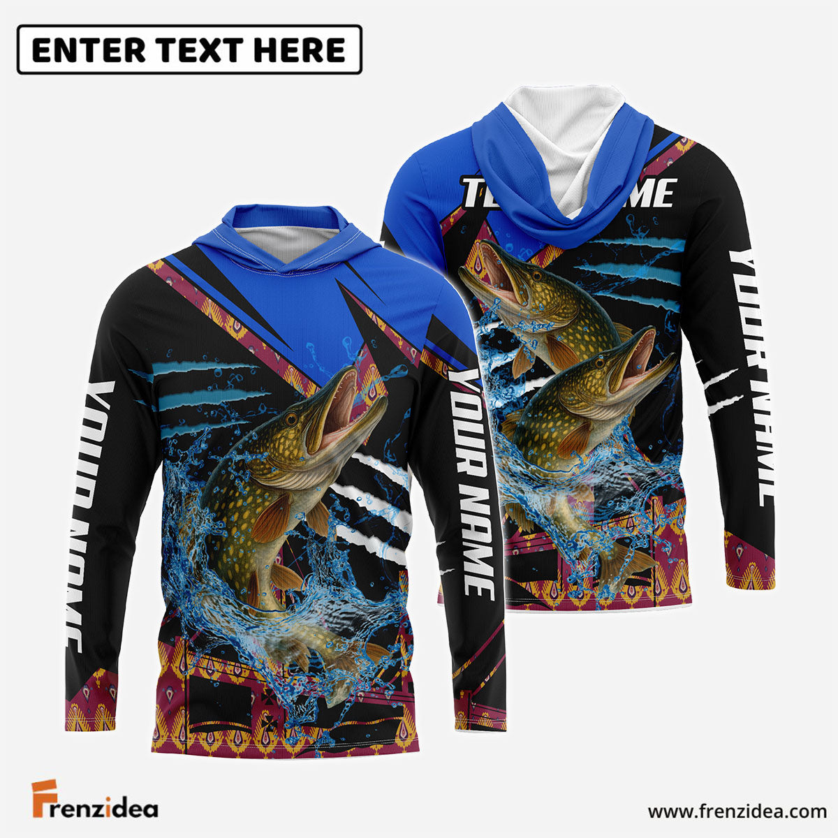 Frenzidea Pike Fishing Blue Brocade Pattern Custom Name & Team Name 3D Shirts