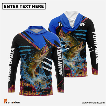 Frenzidea Pike Fishing Blue Brocade Pattern Custom Name & Team Name 3D Shirts