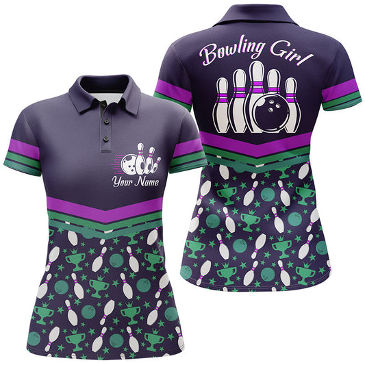 Frenzidea Purple Bowling Ball And Pins Pattern Customized Name All Over Printed Shirt For Women