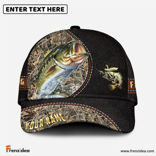 Frenzidea Personalized Large Mouth Bass Black Leather Camo Pattern Fishing Classic Cap