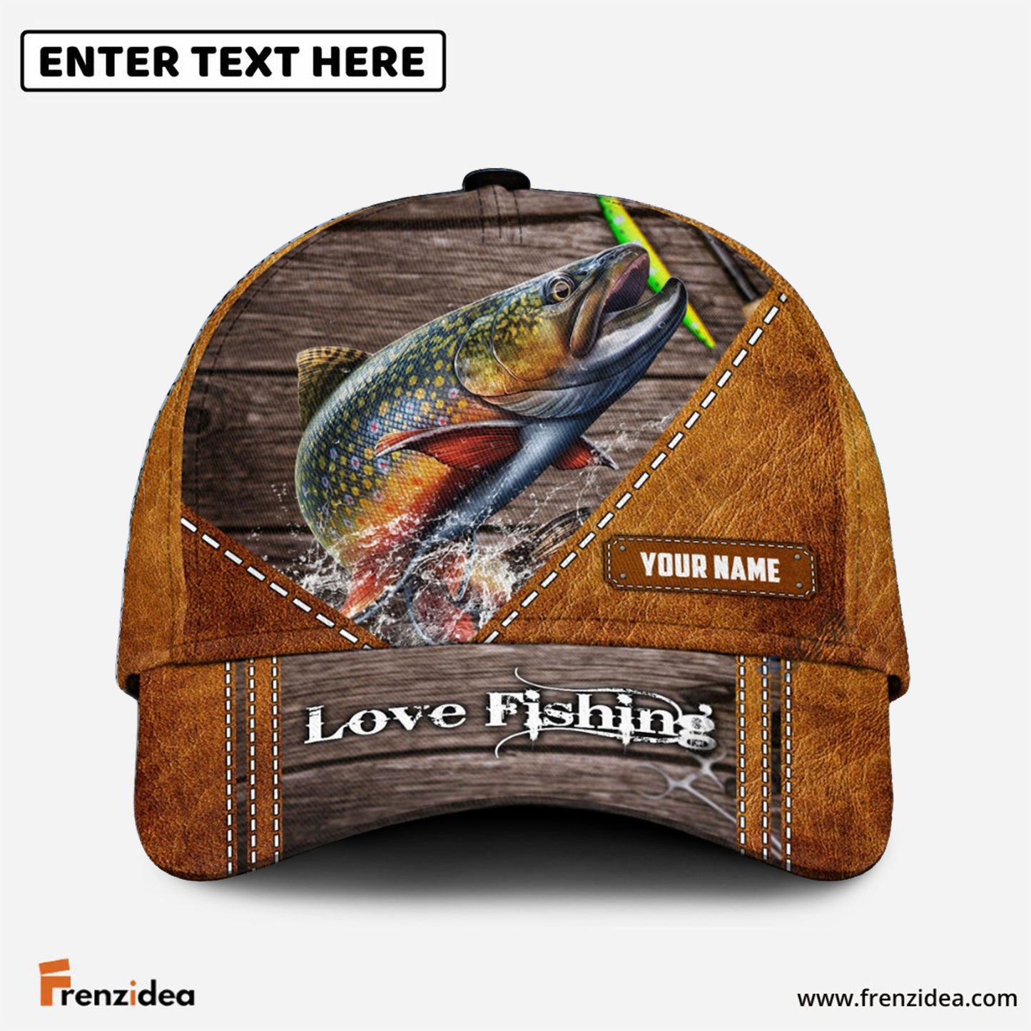 frenzidea Custom Name Trout Fishing Leather Pattern Cap