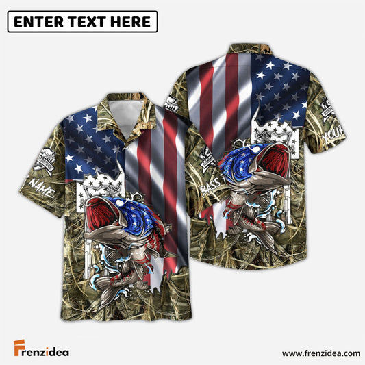Frenzidea American Flag Patriotic Largemouth Bass Camo Fishing Custom Name 3D Shirt