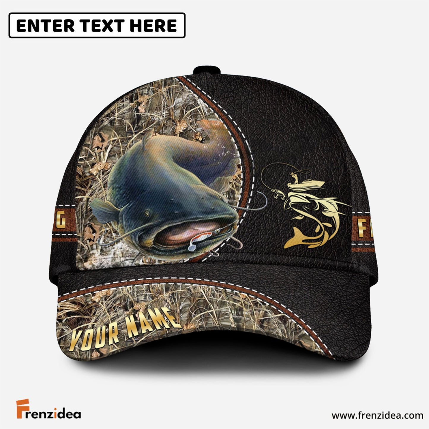 Frenzidea Personalized Catfish Black Leather Camo Pattern Fishing Classic Cap