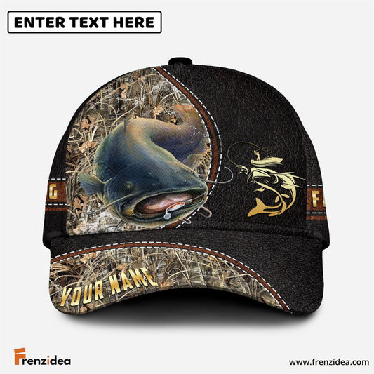 Frenzidea Personalized Catfish Black Leather Camo Pattern Fishing Classic Cap