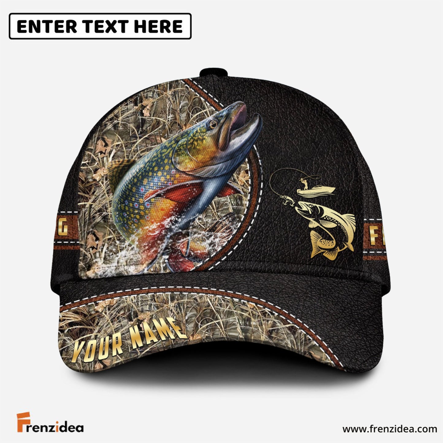 Frenzidea Personalized Trout Black Leather Camo Pattern Fishing Classic Cap