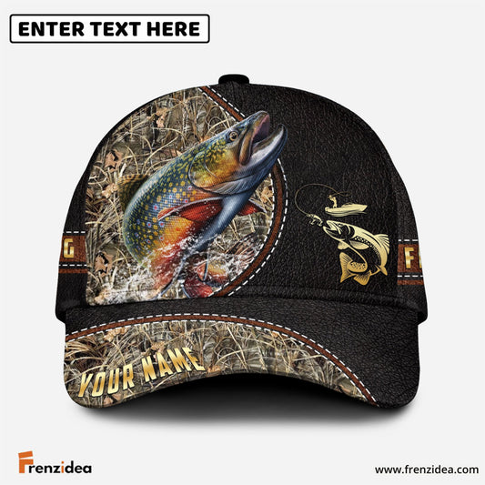 Frenzidea Personalized Trout Black Leather Camo Pattern Fishing Classic Cap