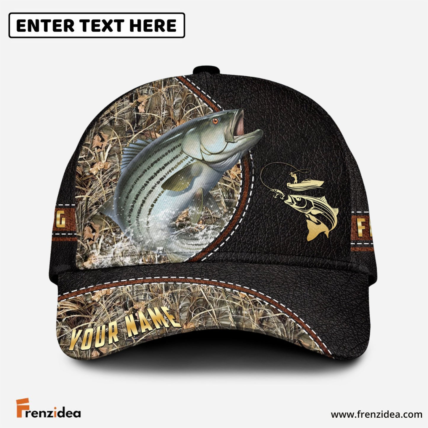 Frenzidea Personalized Striped Bass Black Leather Camo Pattern Fishing Classic Cap