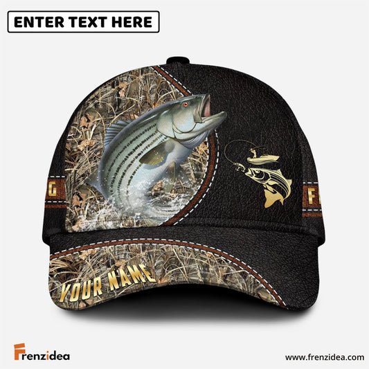 Frenzidea Personalized Striped Bass Black Leather Camo Pattern Fishing Classic Cap
