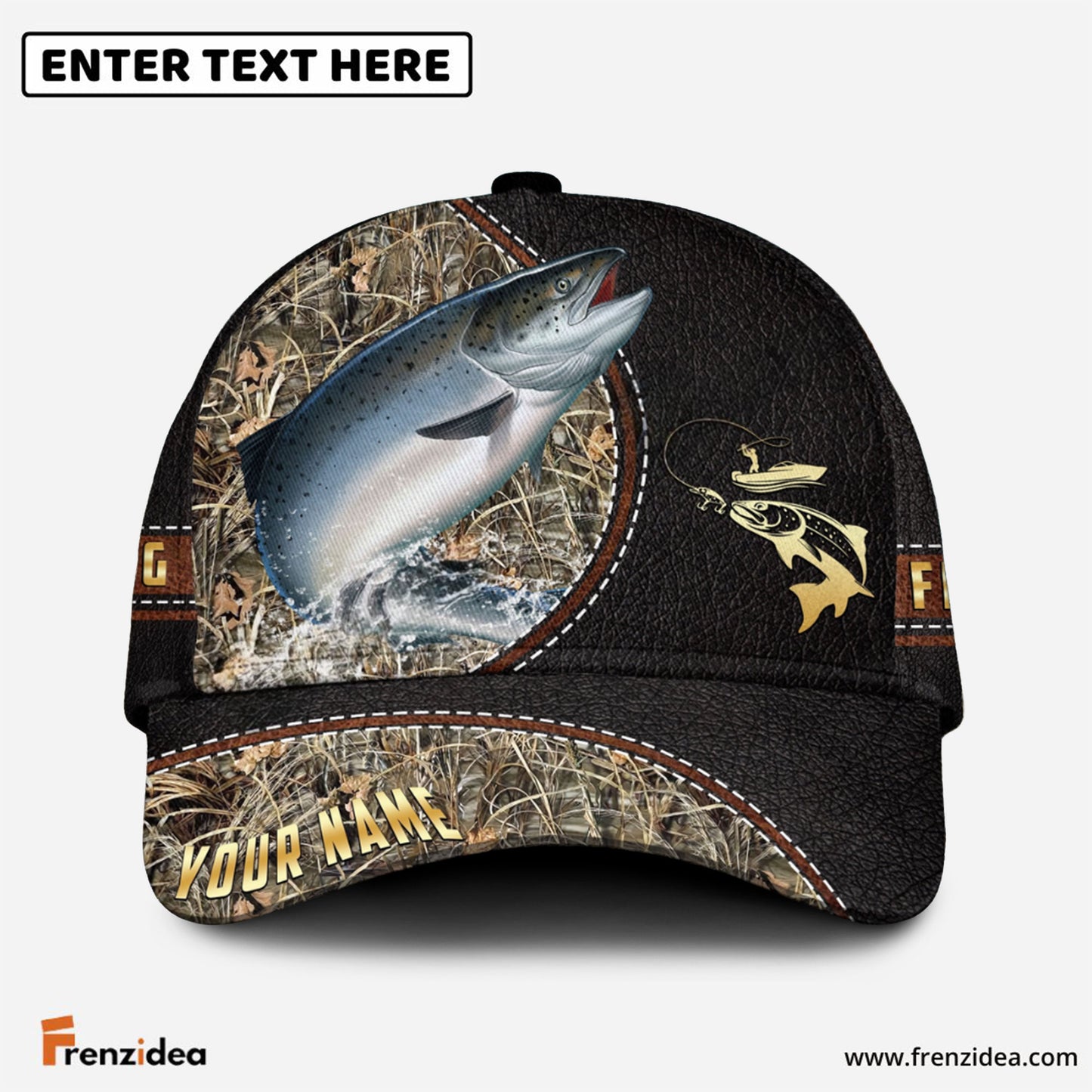 Frenzidea Personalized Salmon Black Leather Camo Pattern Fishing Classic Cap