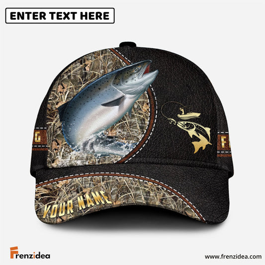 Frenzidea Personalized Salmon Black Leather Camo Pattern Fishing Classic Cap
