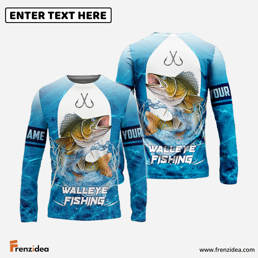 Frenzidea Customize Name Walleye Fishing Blue Wave 3D Shirts