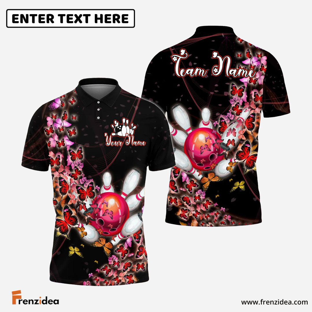 Frenzidea Bowling And Pins Butterfly Flow Customized Name, Team Name 3D Shirt (4 Colors)