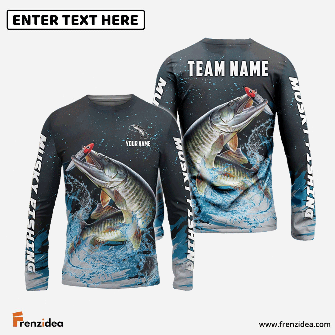 Frenzidea Musky Fishing Dark Blue Sport Custom Name & Team Name 3D Shirts