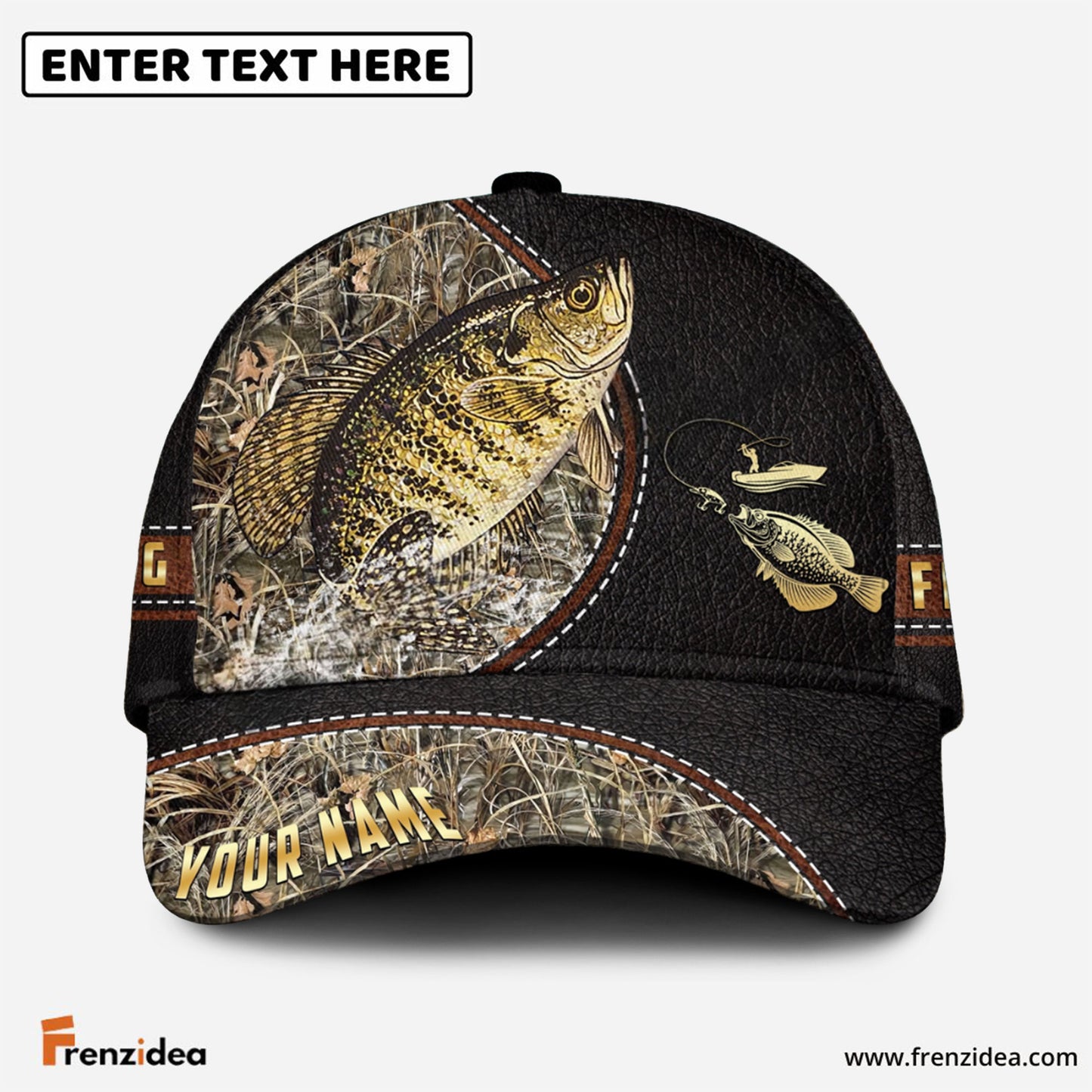 Frenzidea Personalized Crappie Black Leather Camo Pattern Fishing Classic Cap