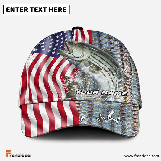 Frenzidea Personalized Striped Bass Skin American Flag Fishing Classic Cap