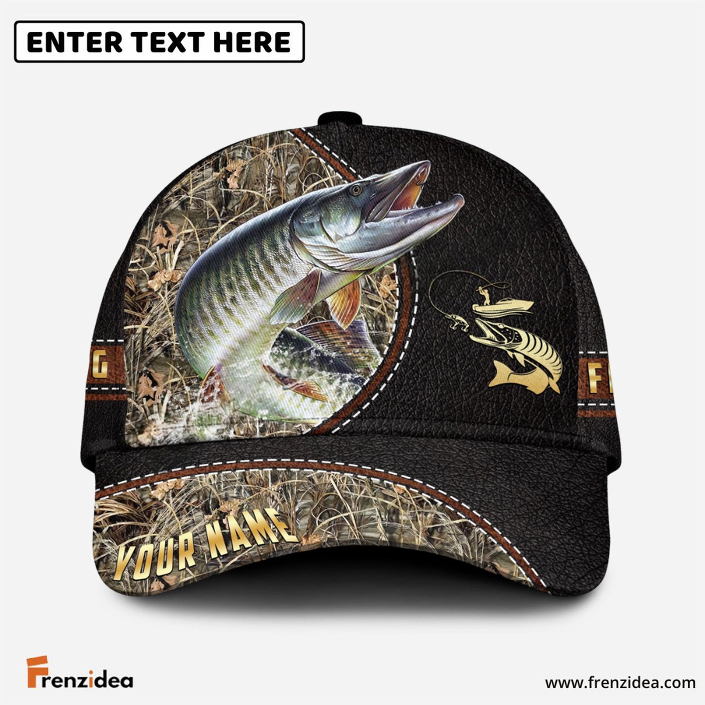 Frenzidea Personalized Musky Black Leather Camo Pattern Fishing Classic Cap