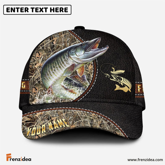 Frenzidea Personalized Musky Black Leather Camo Pattern Fishing Classic Cap