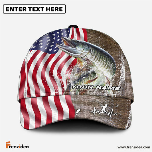 Frenzidea Personalized Musky Skin American Flag Fishing Classic Cap