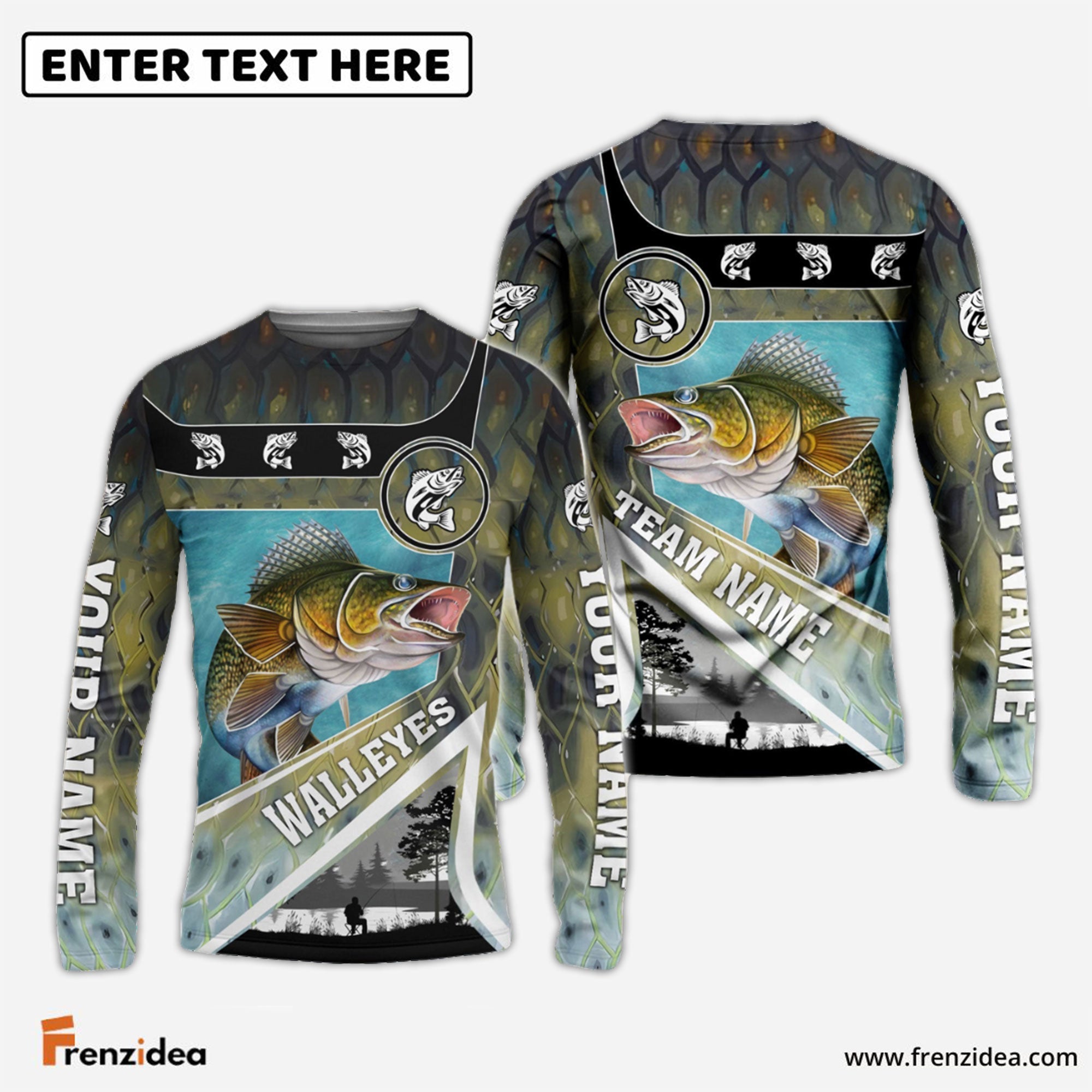 Frenzidea Personalized Walleye Fishing Art Line Sport Fishing Shirts