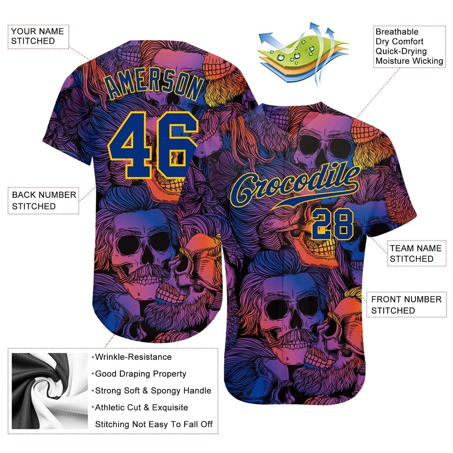 Frenzidea Custom 3D Pattern Halloween Skulls Baseball Jersey