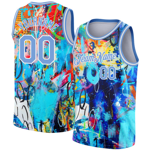 Frenzidea Custom Graffiti Pattern Light Blue-White 3D Grunge Art Authentic Basketball Jersey