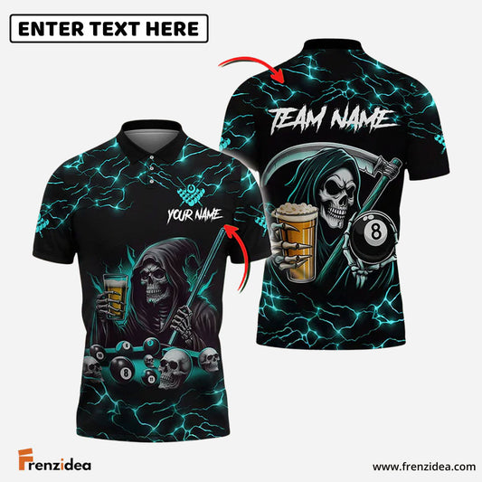 Frenzidea Billiards Ball 8 Death Skeleton & Beer Personalized Name, Team Name Shirt (6 Colors)