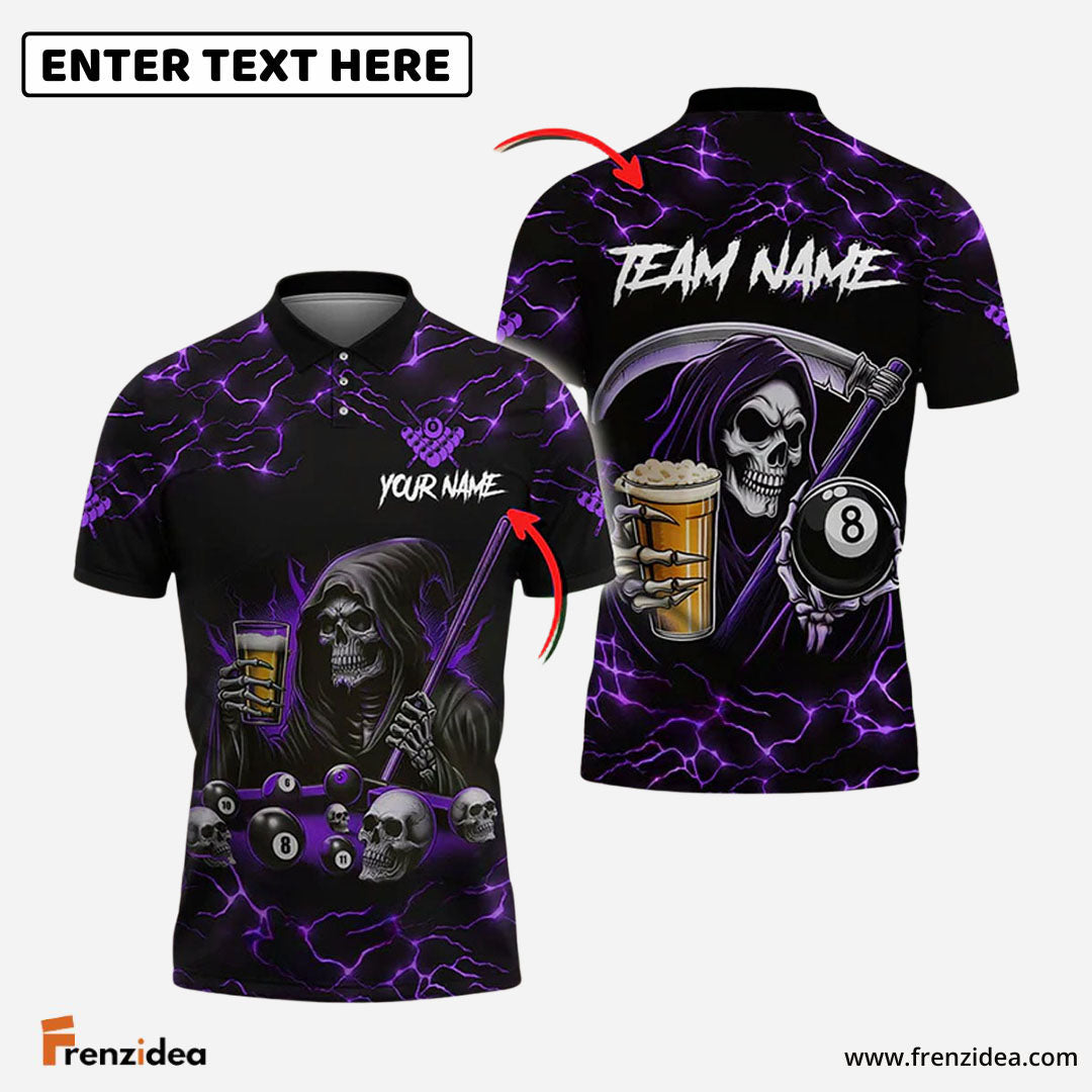 Frenzidea Billiards Ball 8 Death Skeleton & Beer Personalized Name, Team Name Shirt (6 Colors)