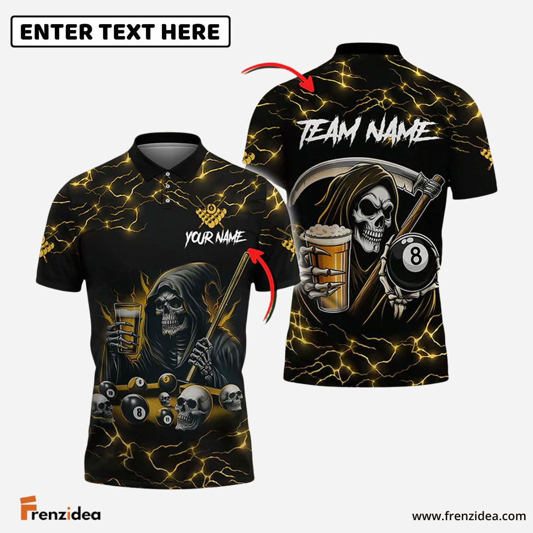 Frenzidea Billiards Ball 8 Death Skeleton & Beer Personalized Name, Team Name Shirt (6 Colors)