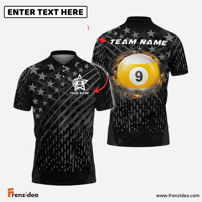 Frenzidea Billiards Ball 8 And 9 Fire Black US Flag Personalized Name, Team Name Unisex Shirt ( 2 Colors )