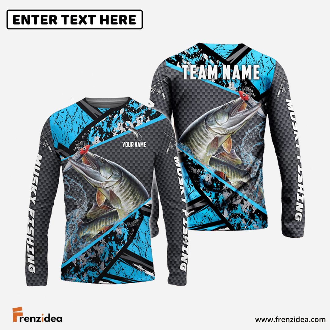 Frenzidea Musky Fishing Blue Camo 2 Sport Custom Name & Team Name 3D Shirts