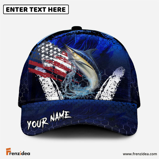 Frenzidea Marlin Fishing Dark Blue Scratch American Flag Personalized Cap