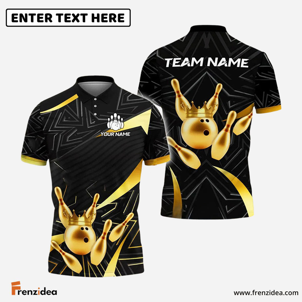 Frenzidea Bowling And Pins Golden Crown Customized Name, Team Name 3D Shirt (4 Colors)