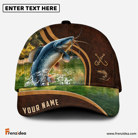 Frenzidea Personalized Catfish Fishing Heavy Brown Leather Pattern Classic Cap
