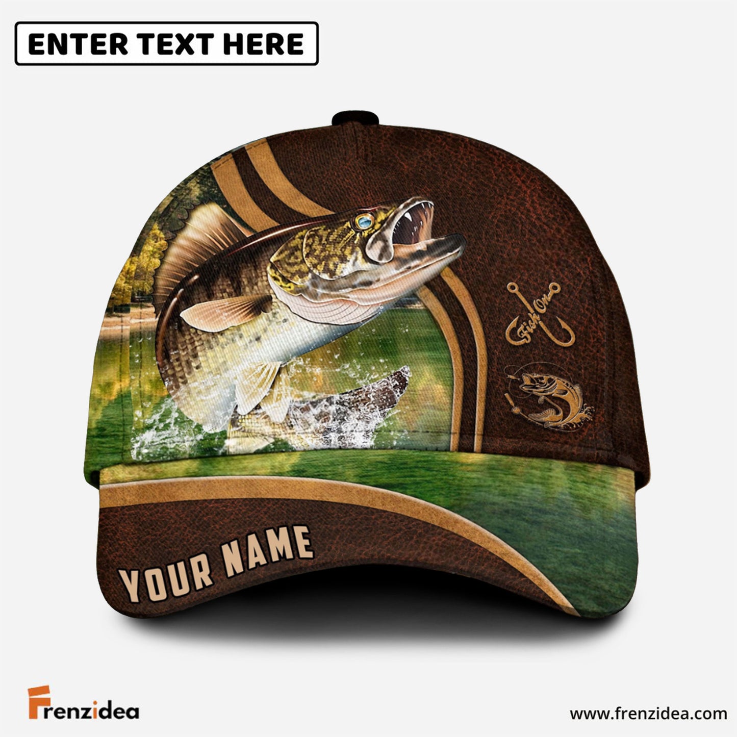 Frenzidea Personalized Walleye Fishing Heavy Brown Leather Pattern Classic Cap